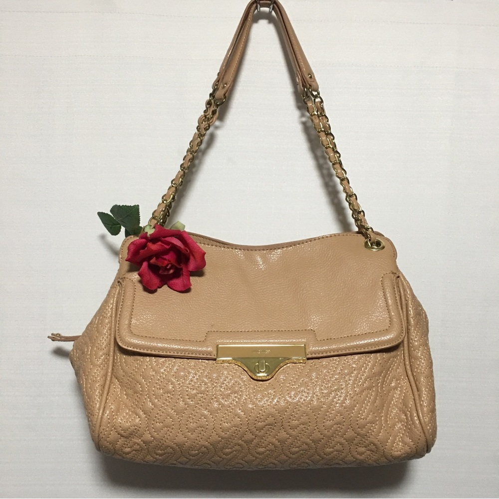 Nine West Quilted Embossed Tan shoulder bag satchel embellished gold chain